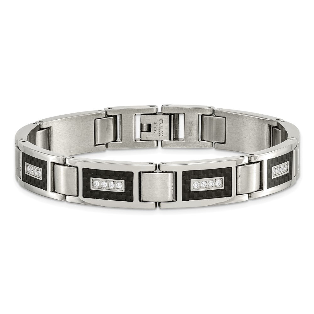 Stainless Steel Brushed & Polished w/CZ Black Carbon Fiber Inlay Bracelet 8.75 inches