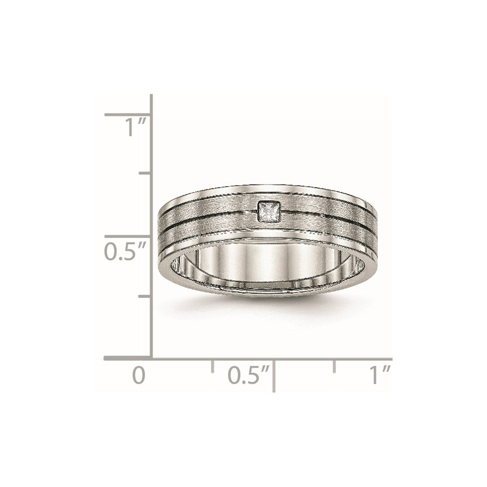 Stainless Steel Polished w/Brushed Center CZ 6mm Grooved Band Size - 8