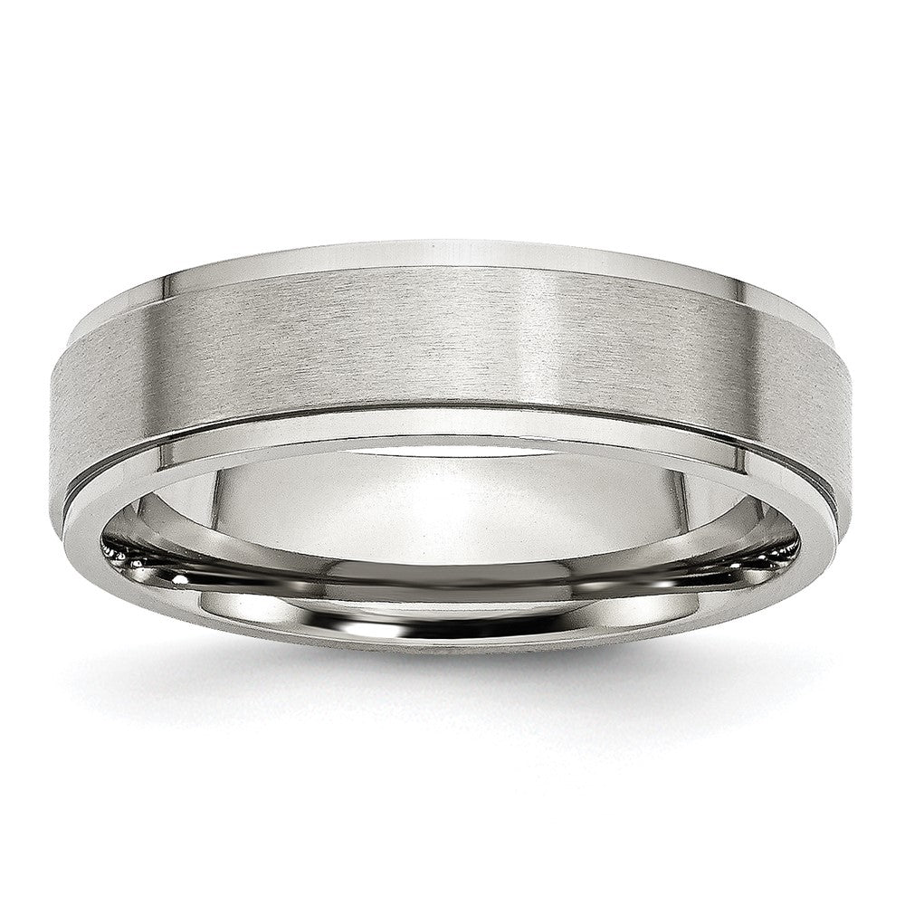 Stainless Steel Polished w/Brushed Center 6mm Ridged Edge Band Size - 10.5
