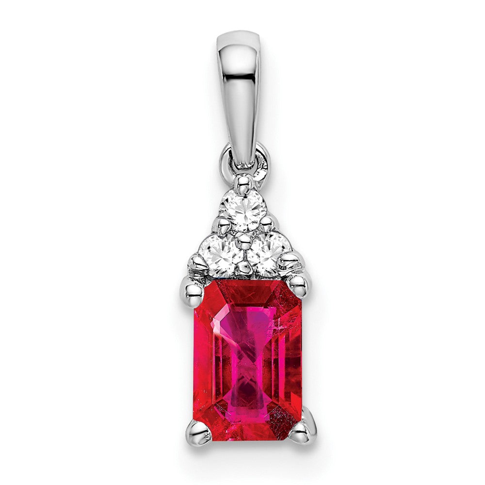 14k White Gold Emerald-shape Ruby and Diamond Pendant