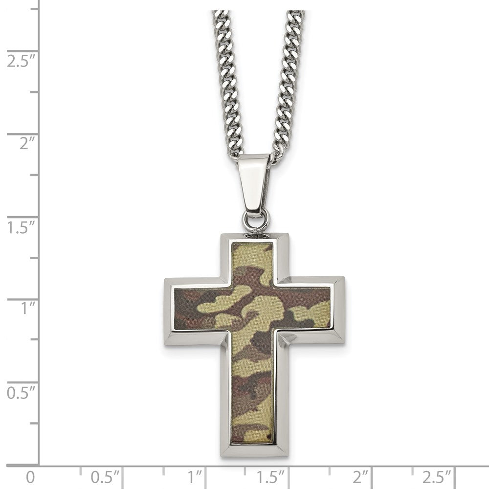 Stainless Steel Polished Printed Brown Camo Under Rubber Cross Necklace