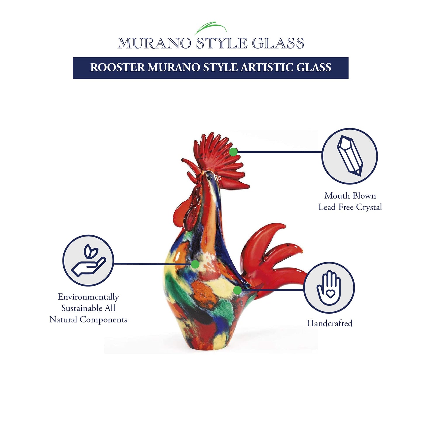 Colorful Murano Style Artistic Glass 11" Rooster
