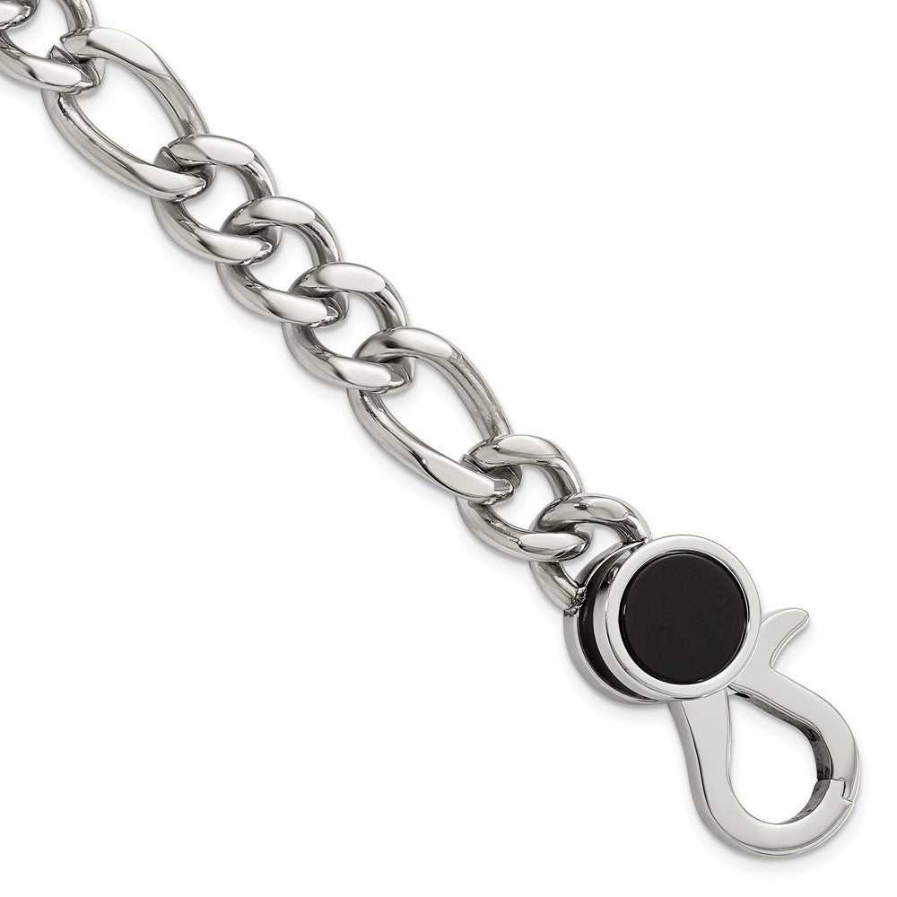 Stainless Steel Polished w/Black Agate Figaro Link 8in Bracelet 8 inches