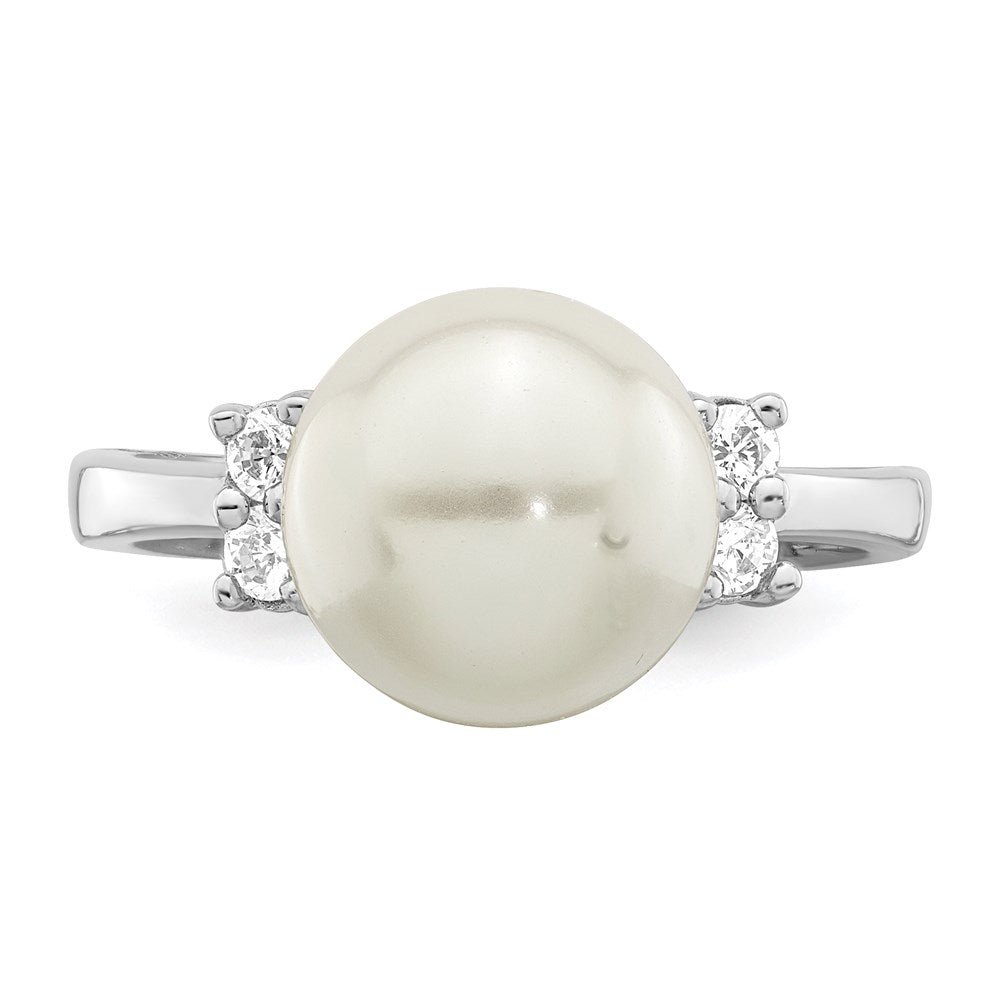 Majestik Sterling Silver Rhodium-plated Size 7 10-11mm White Imitation Shell Pearl and CZ Ring