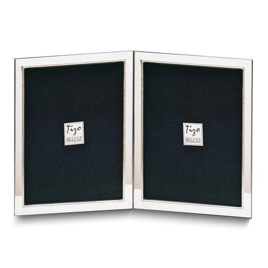 Sterling Silver Tarnish Resistant Narrow Portrait Hinged Beaded Double 4x6 Photo Frame with Finished Wood Back