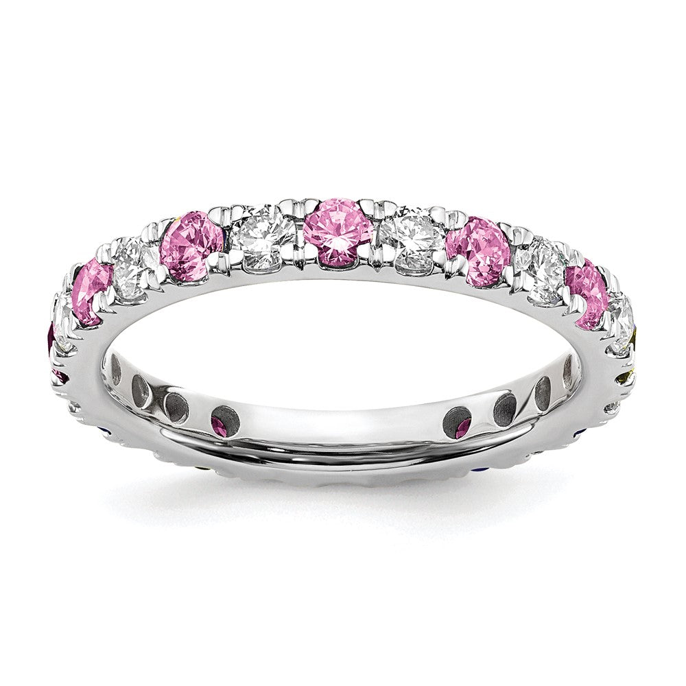 14k White Gold 3/4 carat Lab Grown Diamond VS/SI+ G+ and Lab Created Pink Sapphire Size 7.5 Eternity Band