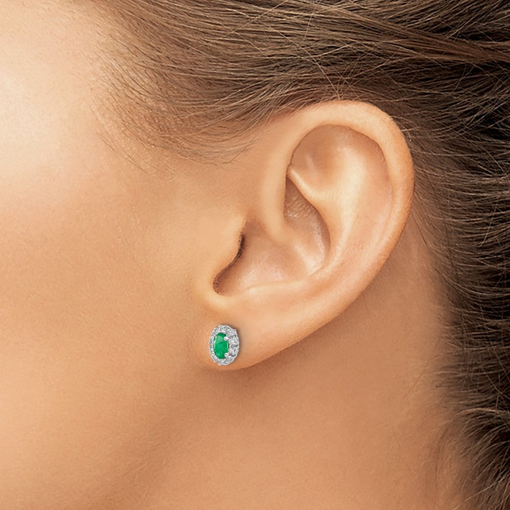 14k White Gold 1/5 carat Lab Grown Diamond VS/SI+ G+ and Oval Created Emerald Complete Halo Post Earrings