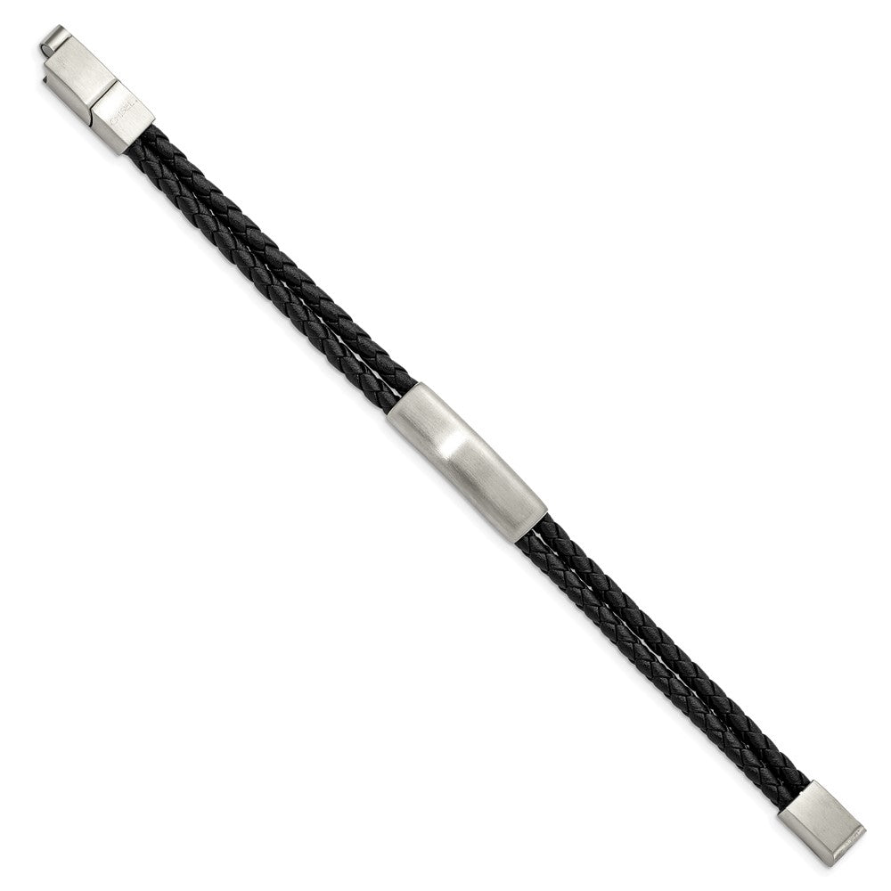 Stainless Steel Brushed Braided Black Leather w/.5in ext 8in Bracelet 8.5 inches