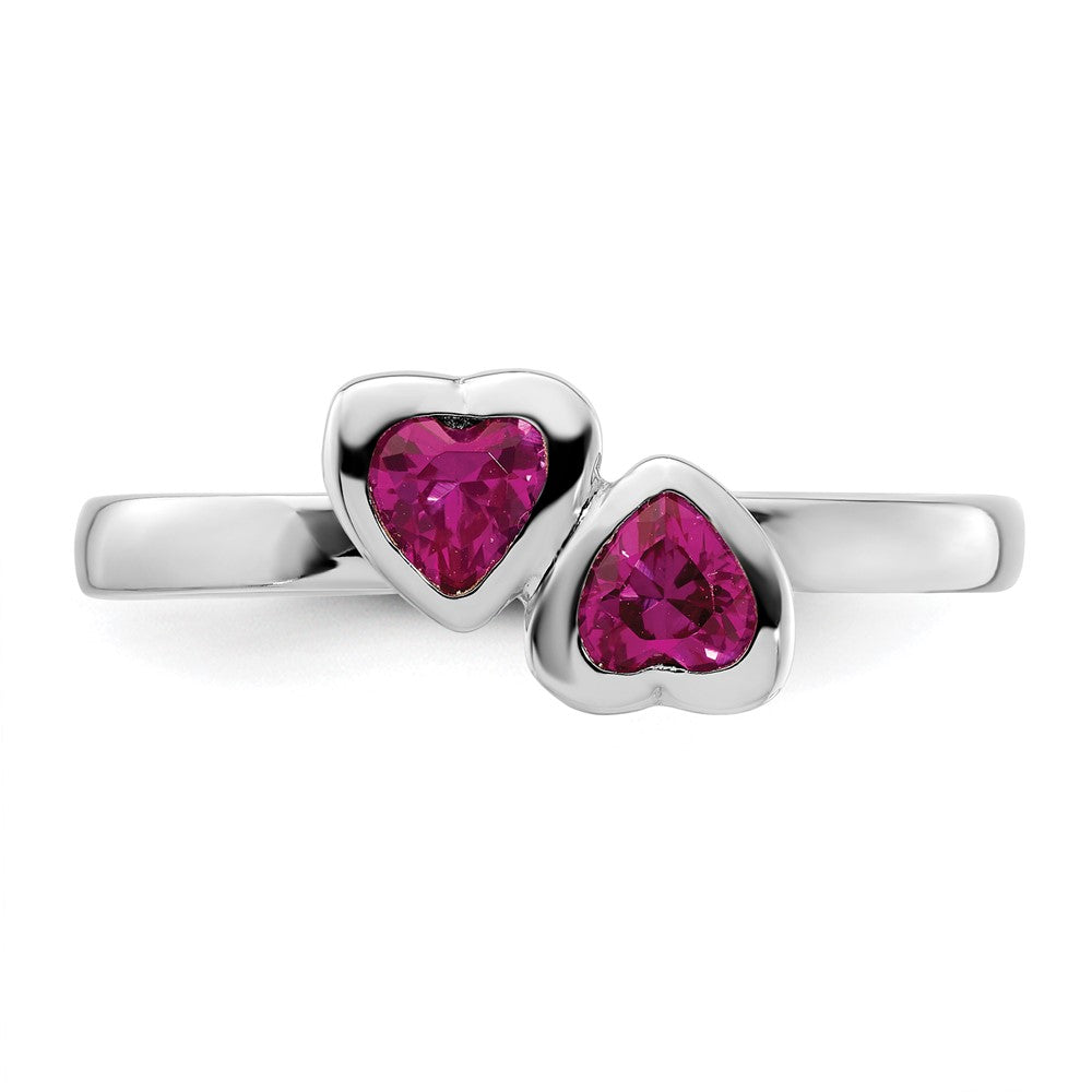 Sterling Silver Stackable Expressions Cr. Ruby Double Heart Ring Size -7