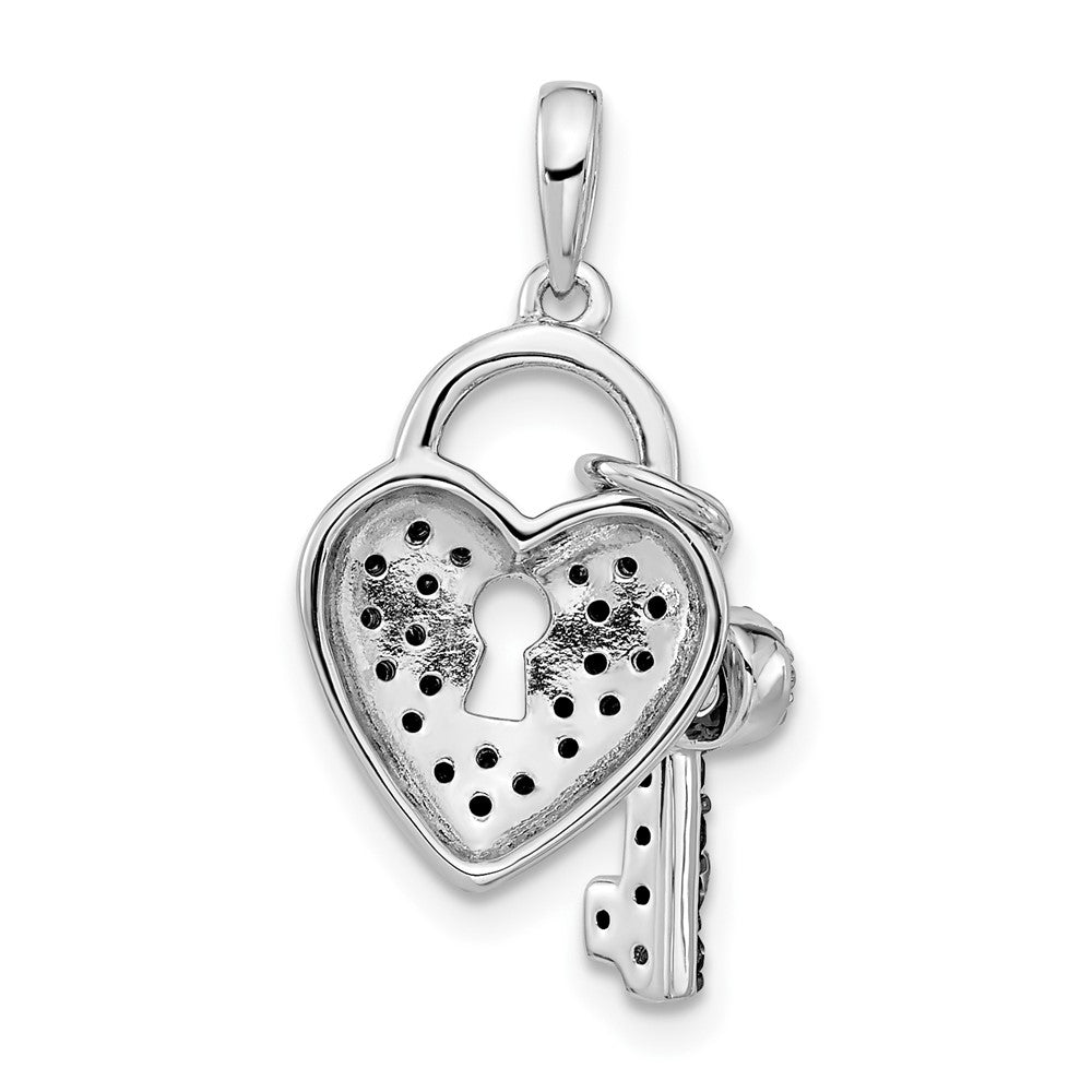 White Night Sterling Silver Rhodium-plated Black and White Diamond Heart and Key 18 Inch Necklace with 2 Inch Extender 18 Inches