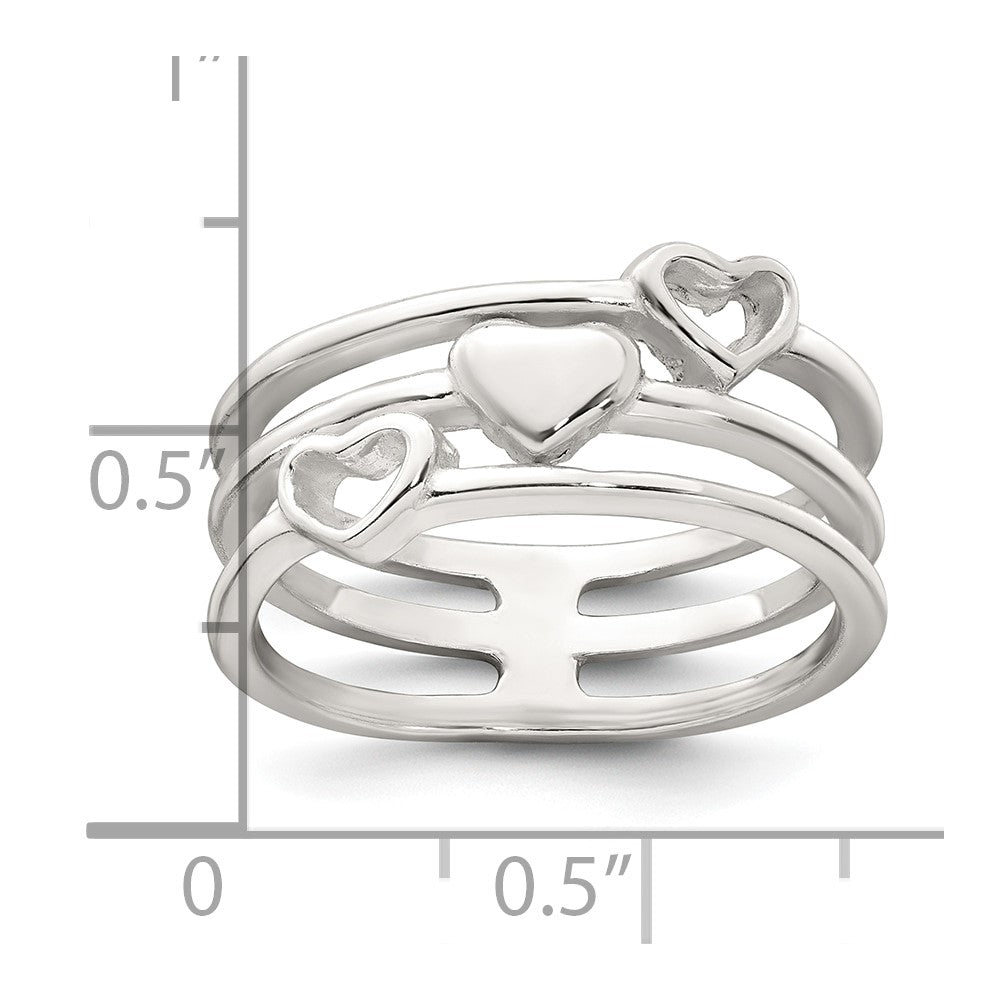 Sterling Silver Polished Hearts Three Band Size 7 Ring