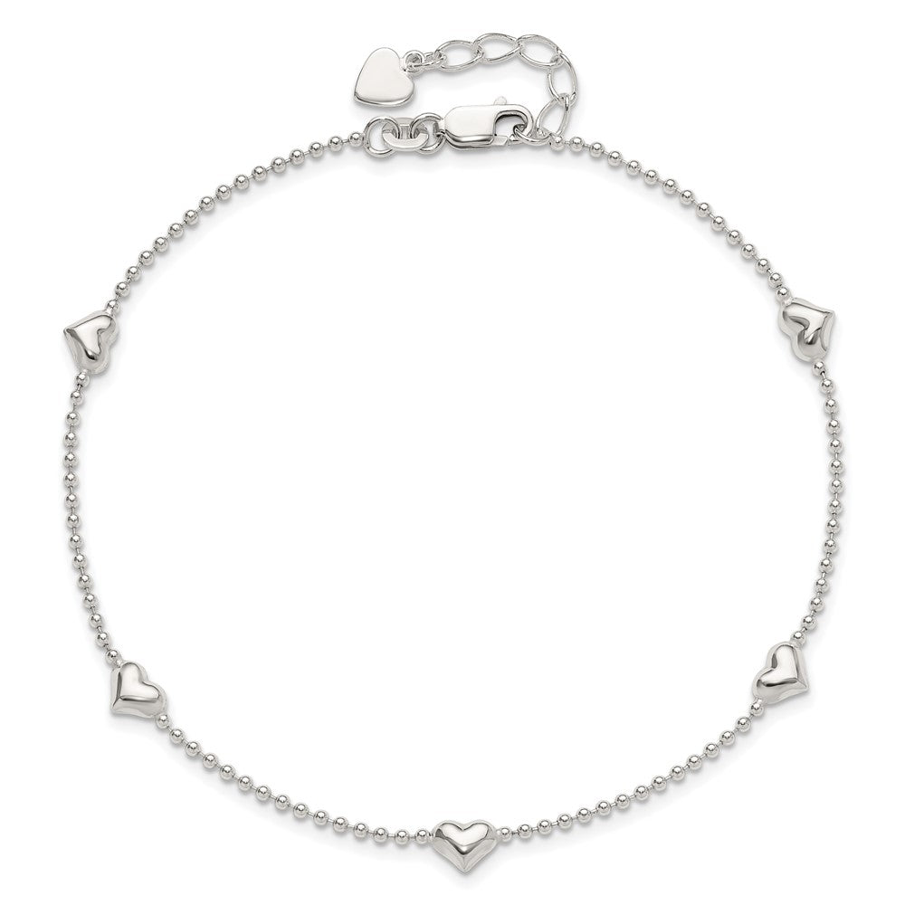 Sterling Silver Dangling Heart 9in Plus 1in ext Anklet 10 inches