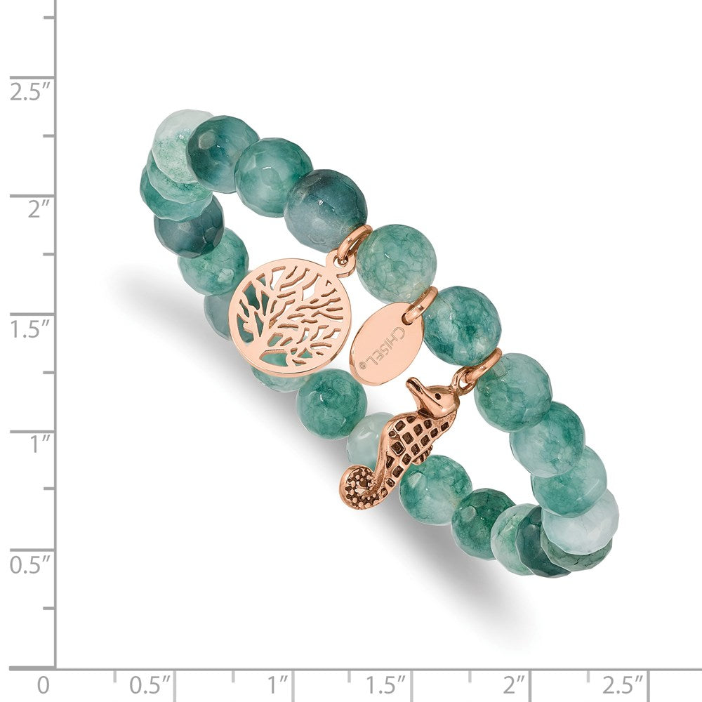 Stainless Steel Antiqued & Polished Rose IP Seahorse Green Dyed Jade Bracel 6.25 inches