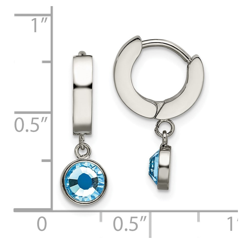 Stainless Steel Polished w/Blue Preciosa Crystal Dangle Hinged Hoop Earring