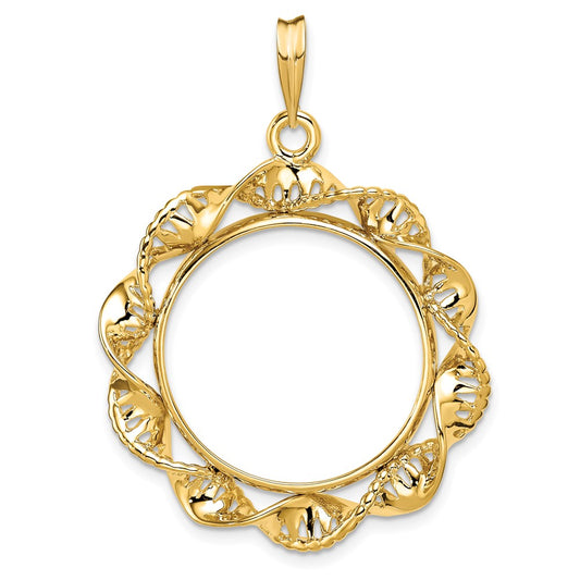 Wideband Distinguished Coin Jewelry 14k Polished Fancy Twisted Ribbon 22.0mm Prong Coin Bezel Pendant