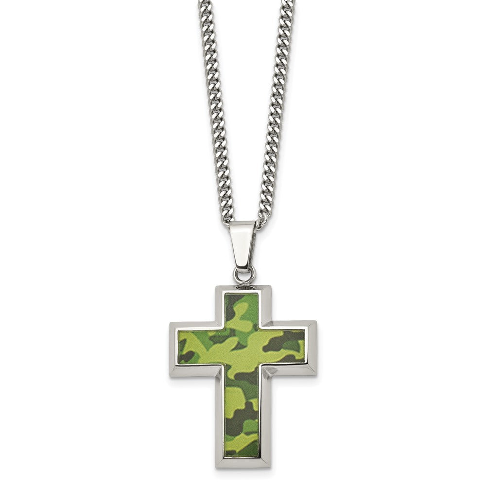 Stainless Steel Polished Printed Green Camo Under Rubber Cross Necklace
