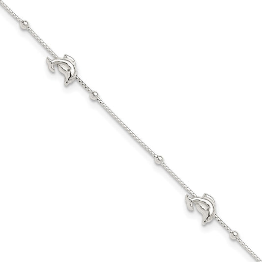 Sterling Silver Polished Dolphin9in Plus 1in Ext. Anklet 9 inches