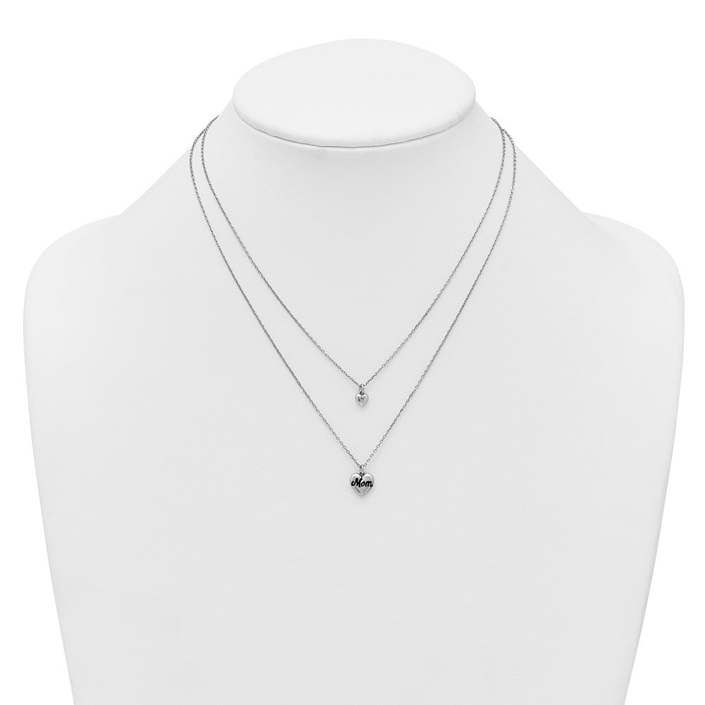 Sterling Silver Rhod-plated 2 Strand Enamel Mom Heart w/1in ext Necklace 16 Inches