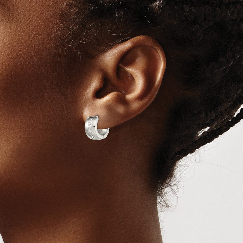 Stainless Steel Polished with Preciosa Crystal 7mm Hinged Hoop Earrings