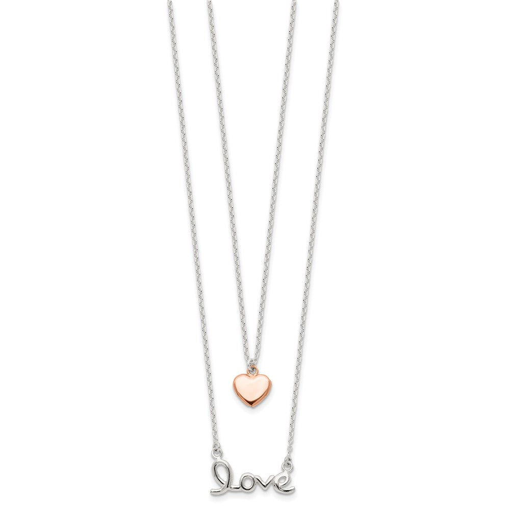 Sterling Silver Rose-tone LOVE and Heart 18in Necklace 18 Inches