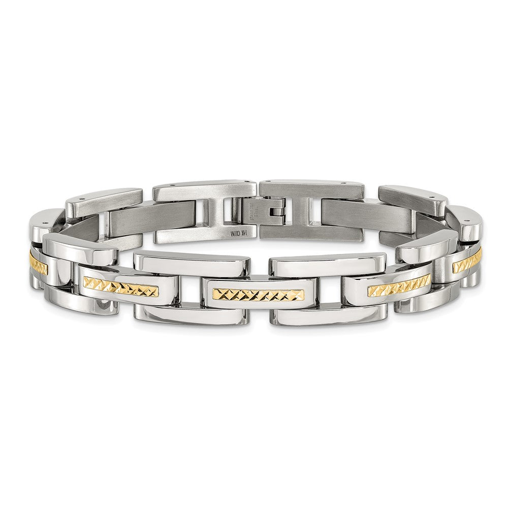 Chisel Stainless Steel Polished with Diamond-cut 14K Gold Accent 9 inch Link Bracelet 9 inches