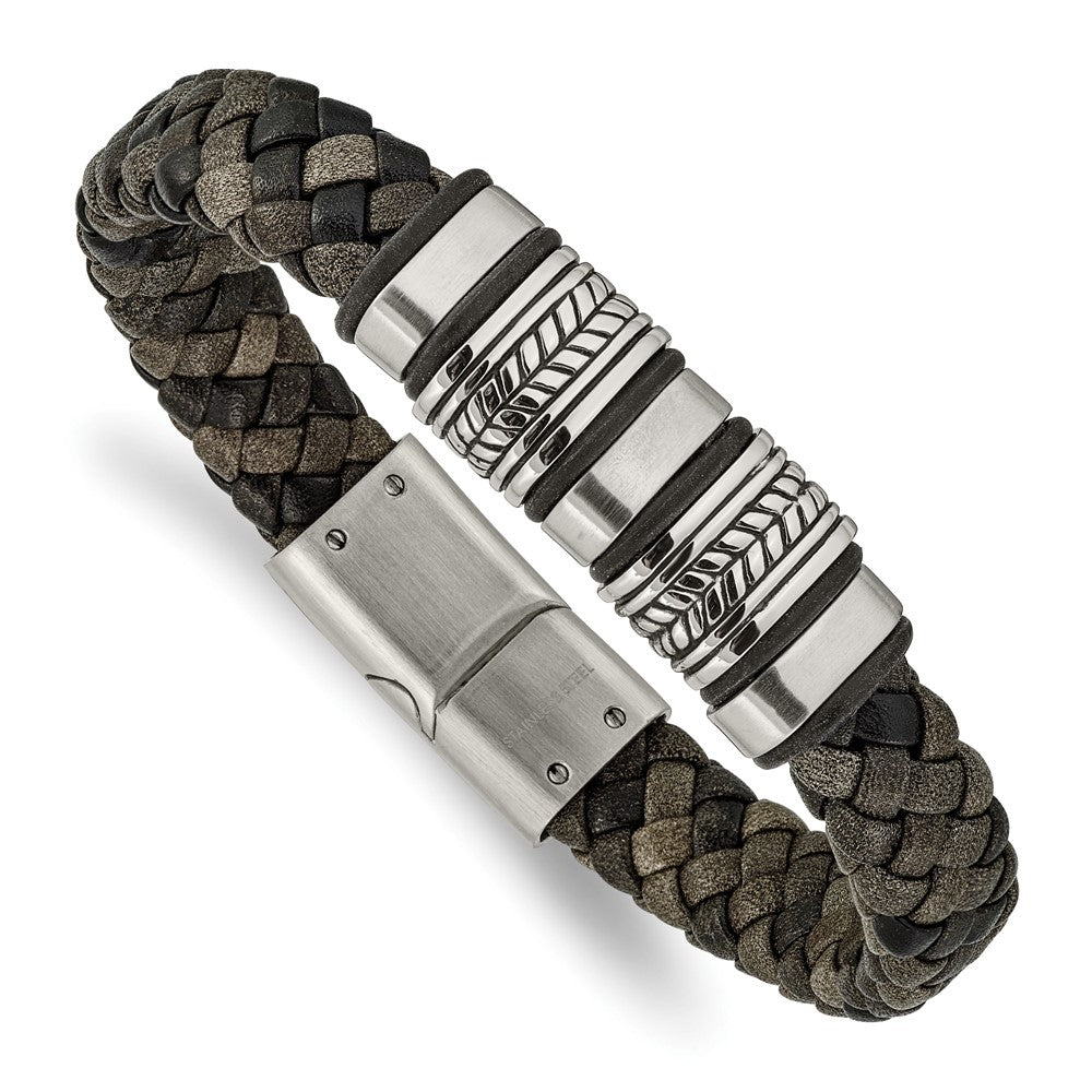 Stainless Steel Antiqued Brushed & Polished Leather w/Silicone Bracelet 8.25 inches