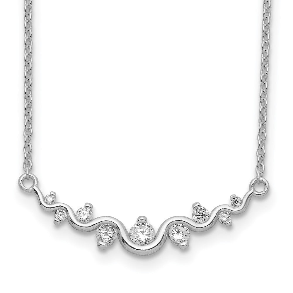 Sterling Silver Rhodium-plated Polished Fancy Wave CZ Bar Necklace 18 Inches