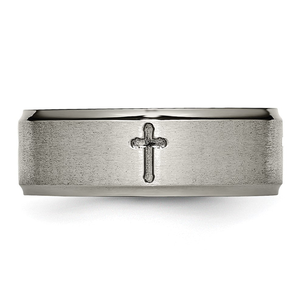 Titanium Brushed Center Cross 8mm Ridged Edge Band Size - 11
