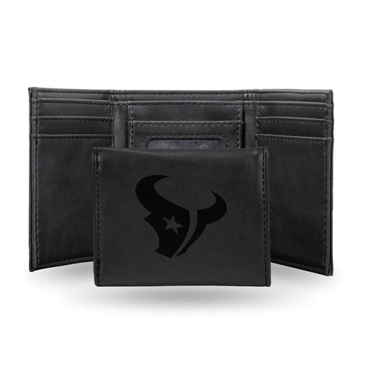 Football Rico Industries Houston  Black Laser Engraved Trifold Laser Engraved Tri-Fold Wallet - Men's Accessory
