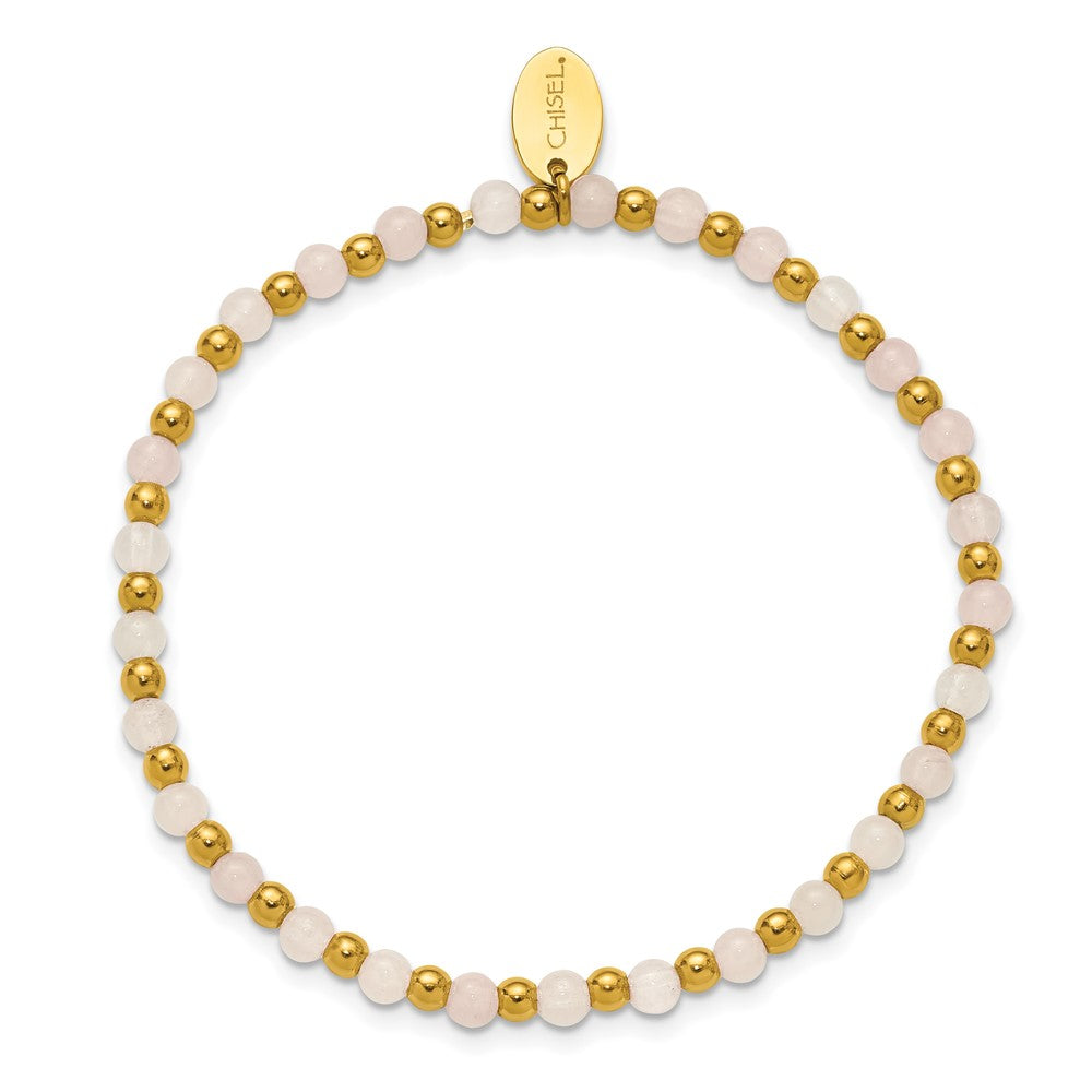 Chisel Stainless Steel Polished Yellow IP-plated 3mm Pink Quartz Beaded 6.25 inch Stretch Bracelet 6.25 inches