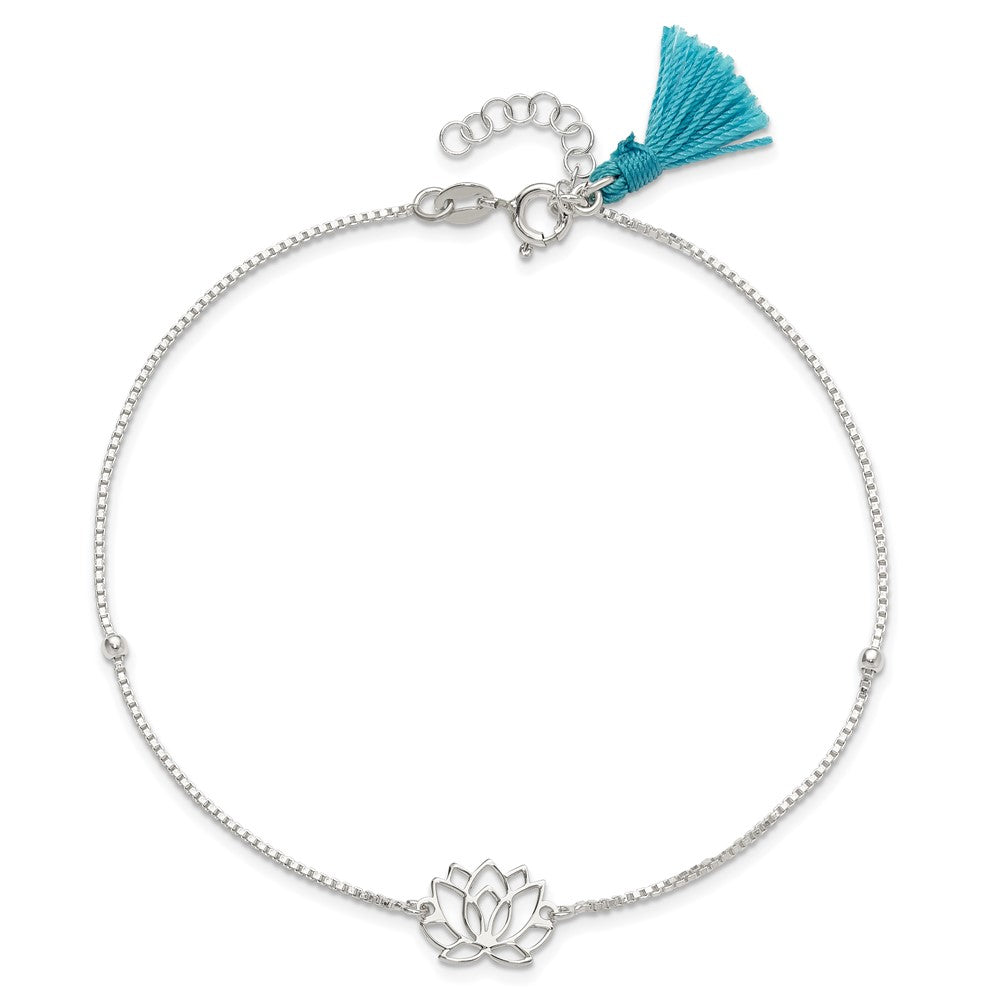 Sterling Silver Lotus with Blue Fabric Tassel 9in Plus 1in ext. Anklet 9 inches