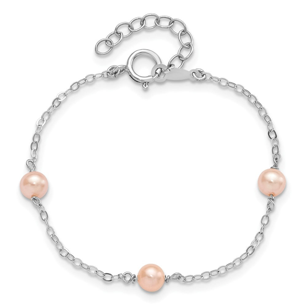 Sterling Silver Rhodium-plated 4-5mm Pink Semi-Round Freshwater Cultured Pearl 3-Station 5 inch with 1 inch Extension Children's Bracelet 6 inches