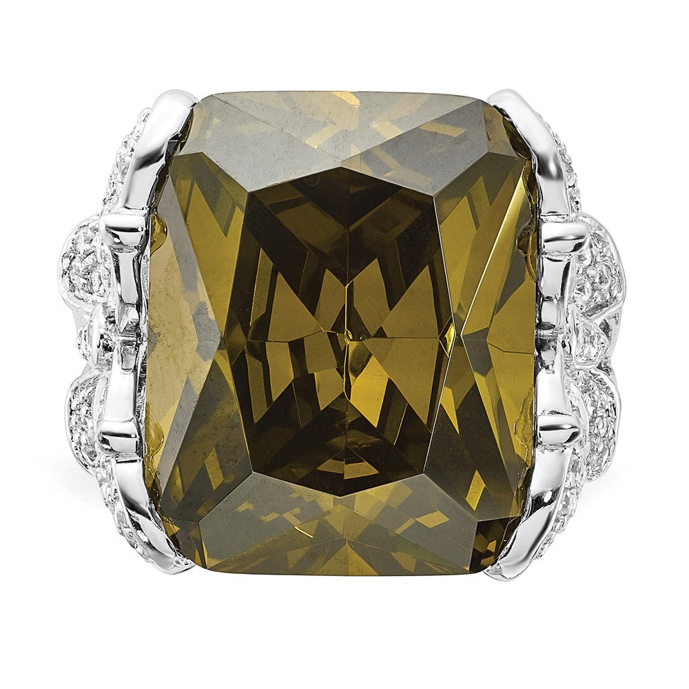 Sterling Silver Polished Green & Clear CZ Butterfly Sides Ring