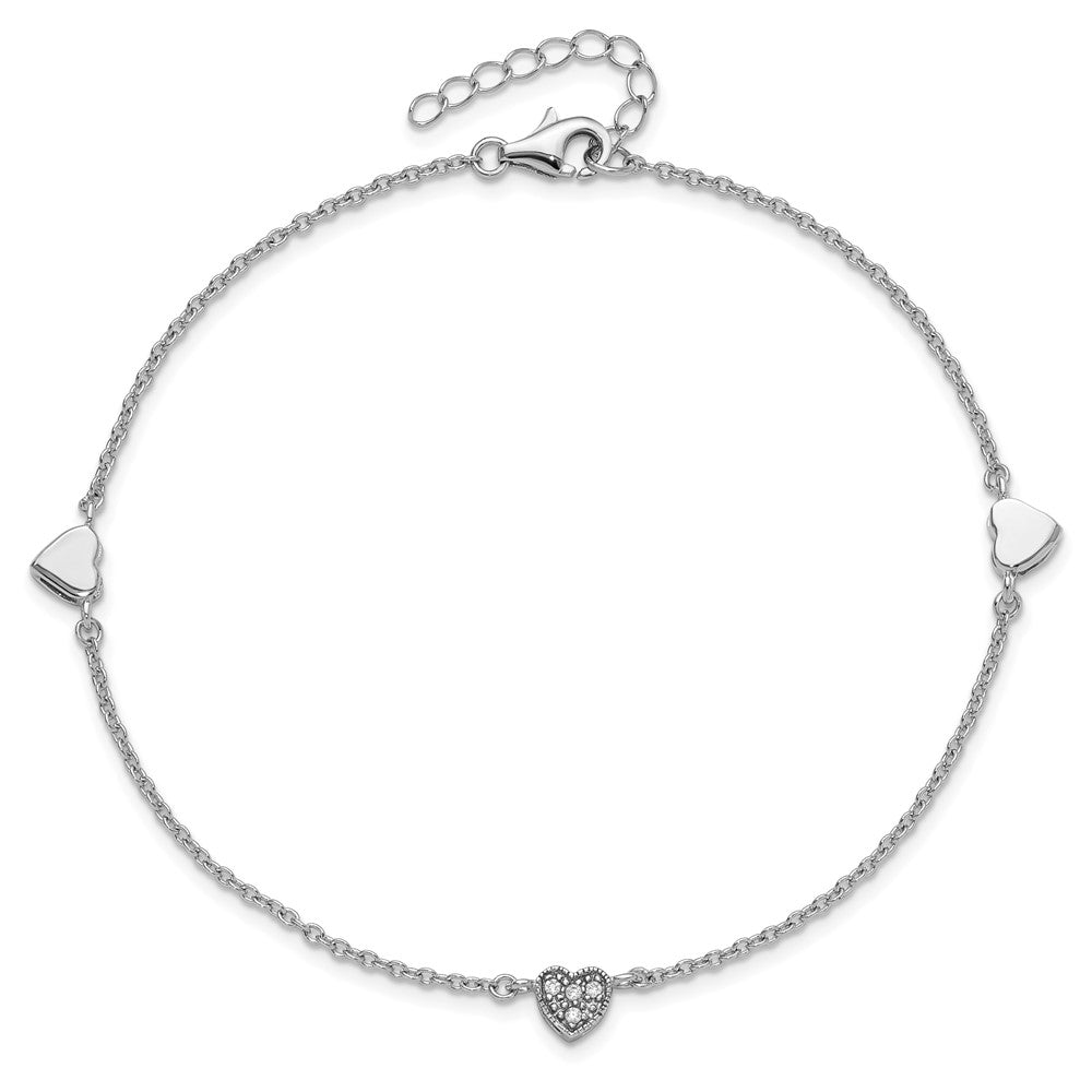 Sterling Silver Rhodium-plated CZ 9in Plus 1in Ext Heart Anklet 9 inches