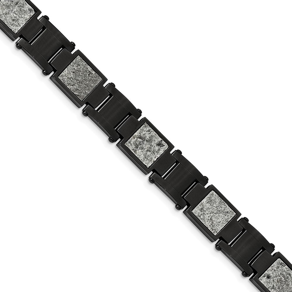 Stainless Steel Polished Black IP w/Sedimentary Rock Inlay 8.5in Bracelet 8.5 inches