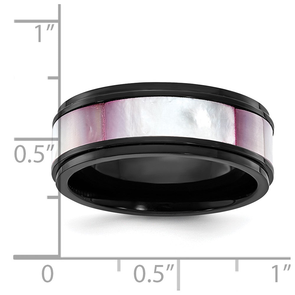Titanium Black IP-plated Pink Mother of Pearl Inlay 8mm Band Size - 13