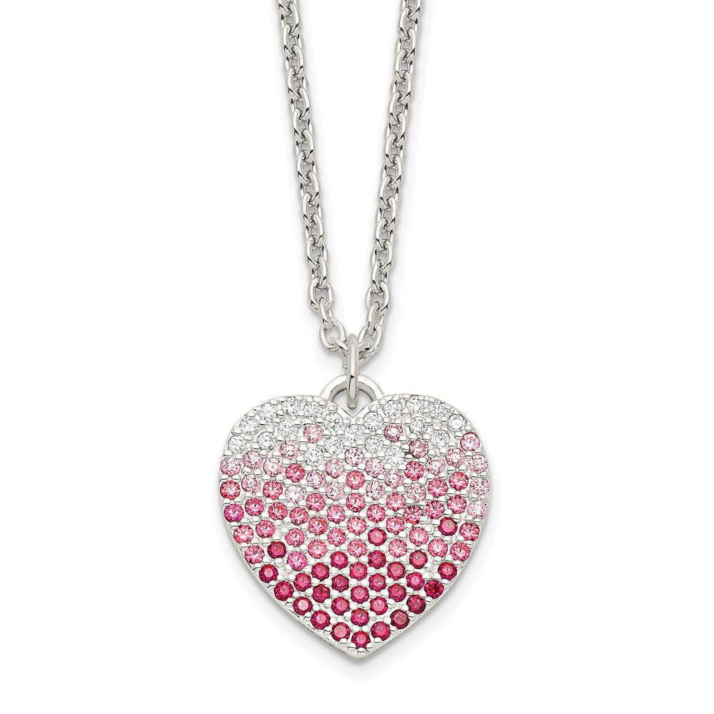 Sterling Silver 18+2in w/ext. Pink, Red & Clear CZ Heart Necklace 18 Inches