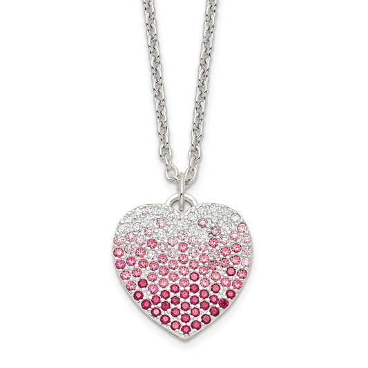 Sterling Silver 18+2in w/ext. Pink, Red & Clear CZ Heart Necklace 18 Inches