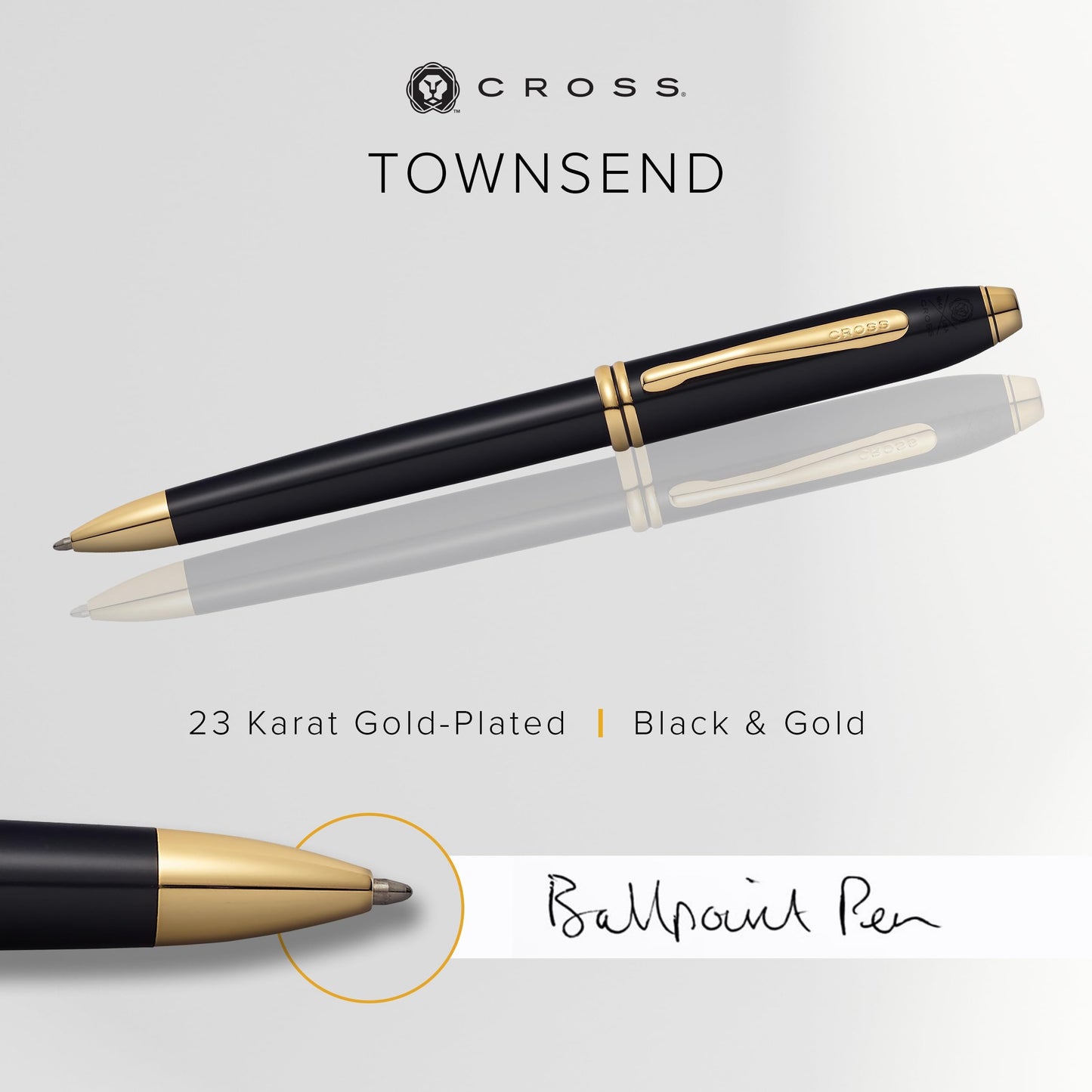 Cross Townsend Refillable Ballpoint Pen, Medium Ballpen, 23 Carat Gold-Plated Appointments, Includes Luxury Gift Box - Black Lacquer