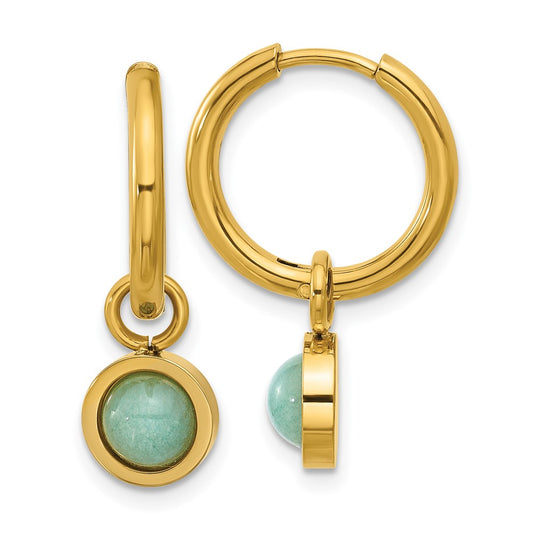Chisel Stainless Steel Polished Yellow IP-plated with Removeable Green Jade Dangle Hinged Hoop Earrings