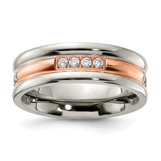 Stainless Steel Polished Rose IP-plated with CZ 7.00mm Band Size - 9.5