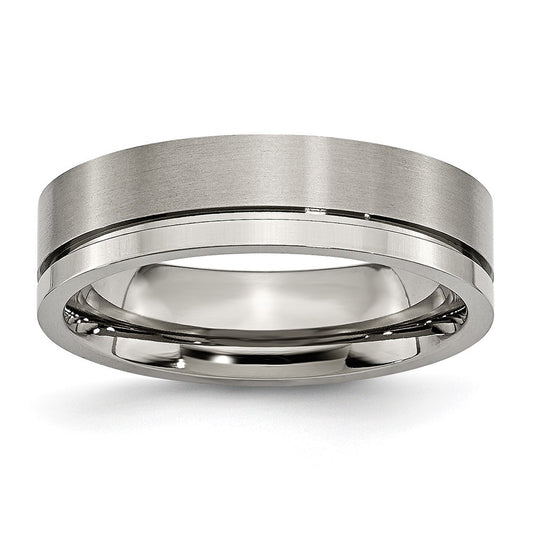 Titanium Brushed and Polished 6mm Grooved Band Size - 7.5