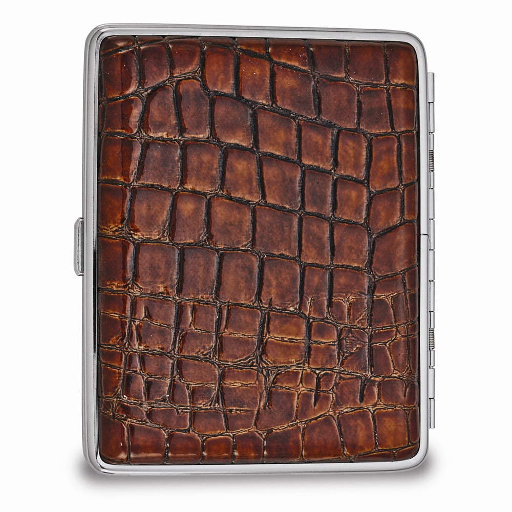 Dark Brown Faux Croco Leather Covered (Holds 20-100mm) Silver-tone Cigarette / Card Case QGM5000