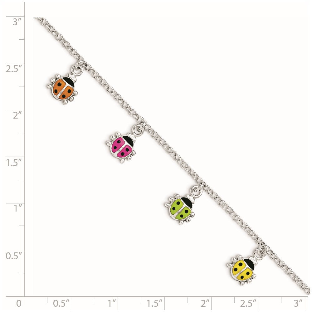 Sterling Silver Polished Multi-color Enameled Ladybugs Children's Bracelet 6 inches