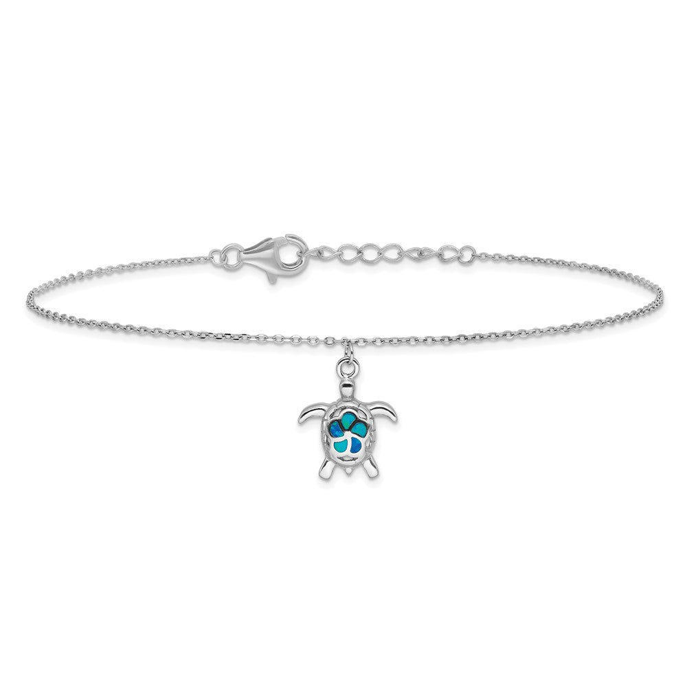 Sterling Silver Rhodium-plated Polished Created Opal Turtle 9 inch with a 1 inch Extention Anklet