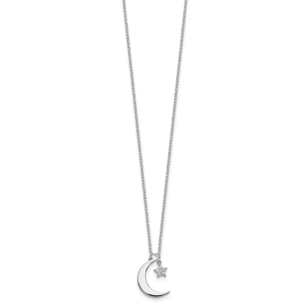 Sterling Silver Rhodium-Plated CZ Star and Moon w/ 2in Ext. Necklace 16 Inches