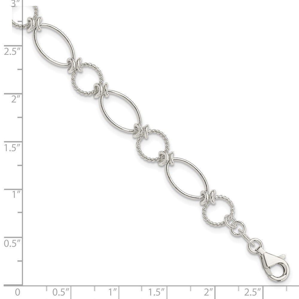 Sterling Silver Polished Textured Fancy Circle and Oval Link Bracelet 7.5 inches