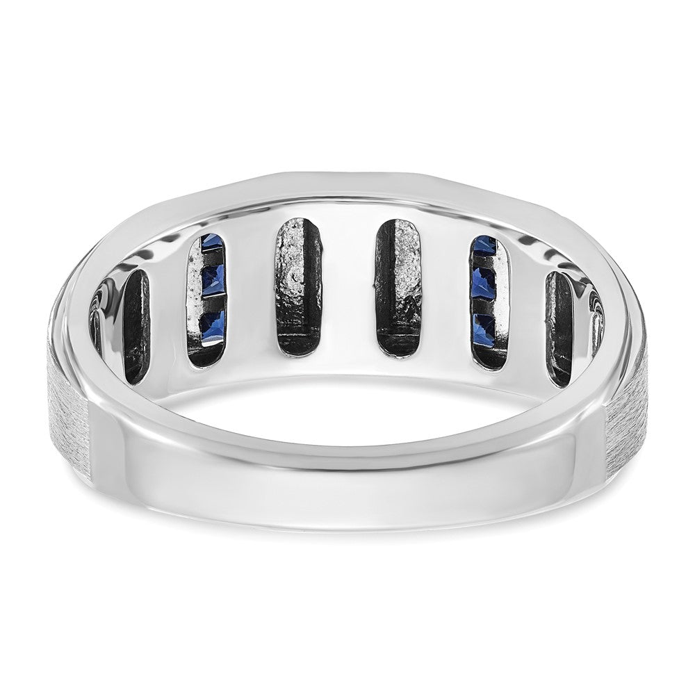 IBGoodman 14k White Gold Men's Polished and Satin 3-Row Lab Created Sapphire and 1/10 Carat AA Quality Diamond Ring Size 10