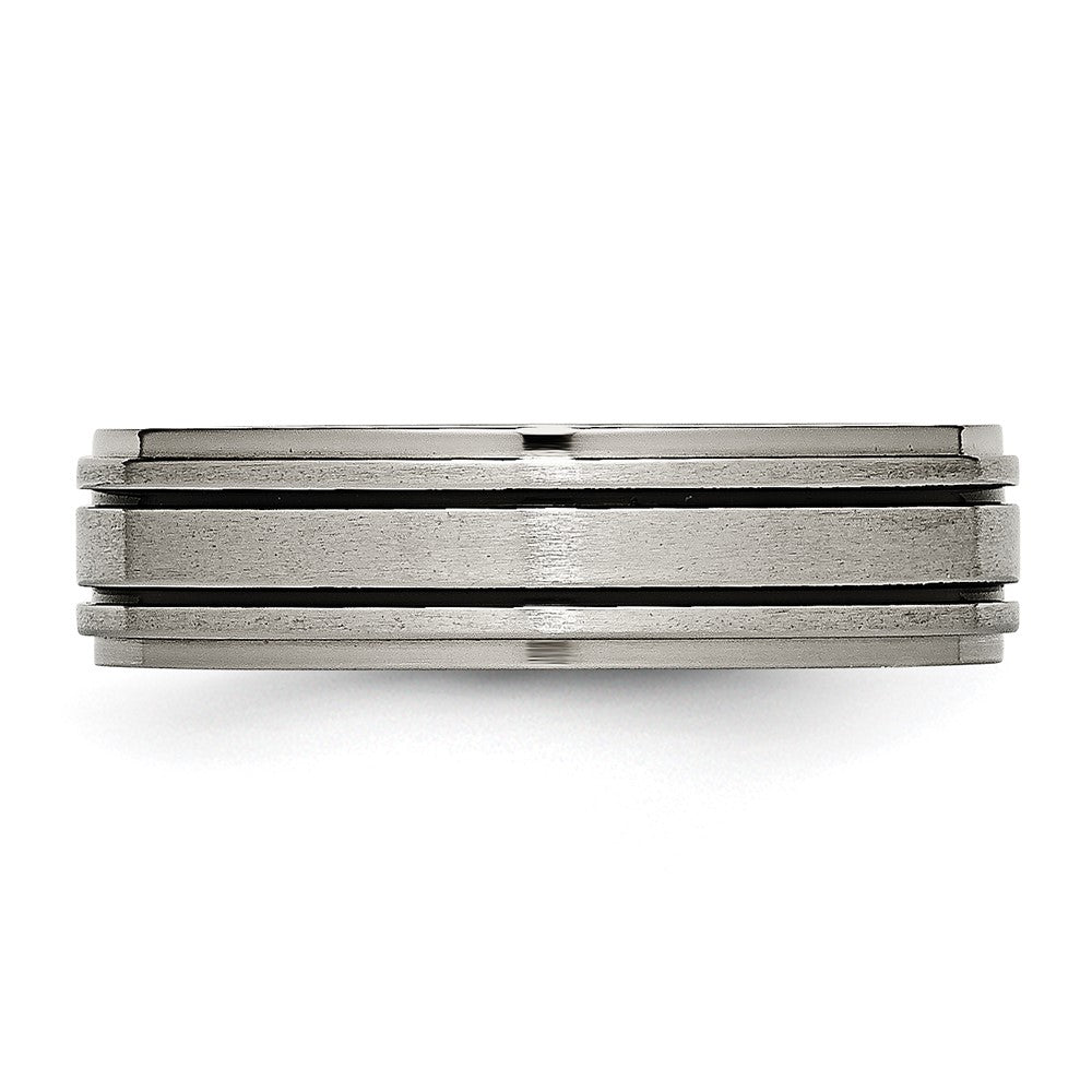 Titanium Brushed Center Black Enamel 6mm Ridged Edge Band Size - 9.5
