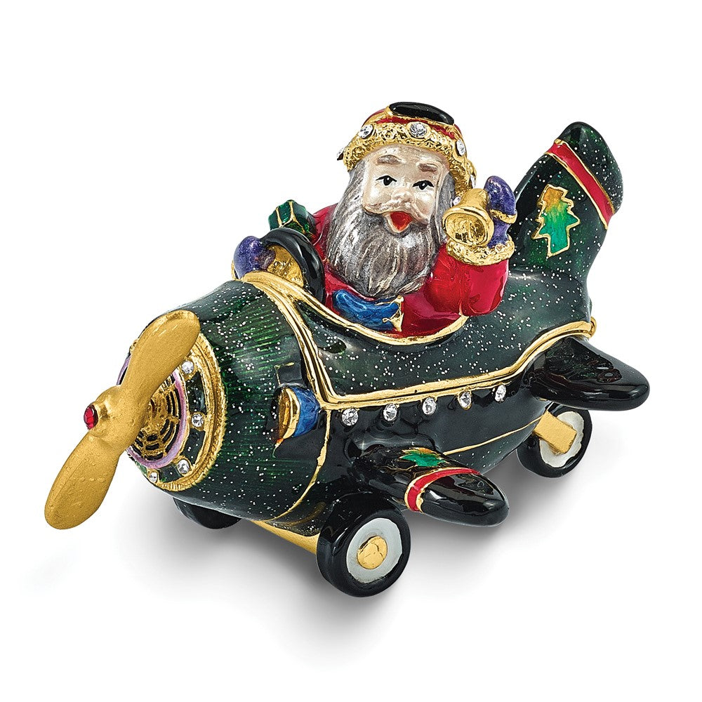 Luxury Giftware by Jere Bejeweled GIFT GLIDER Santa in Plane Trinket Box with Matching 18 inch Necklace